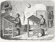 Engraving man working at typecases